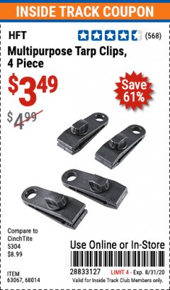Harbor Freight ITC Coupon 4 PIECE MULTIPURPOSE TARP CLIPS Lot No. 63067/68014 Expired: 8/31/20 - $3.49