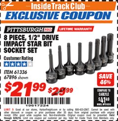 Harbor Freight ITC Coupon 8 PIECE, 1/2" DRIVE IMPACT STAR BIT SOCKET SET Lot No. 61336/67896 Expired: 9/30/18 - $21.99