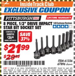 Harbor Freight ITC Coupon 8 PIECE, 1/2" DRIVE IMPACT STAR BIT SOCKET SET Lot No. 61336/67896 Expired: 5/31/19 - $21.99