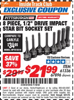 Harbor Freight ITC Coupon 8 PIECE, 1/2" DRIVE IMPACT STAR BIT SOCKET SET Lot No. 61336/67896 Expired: 8/31/19 - $21.99