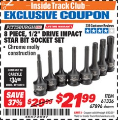 Harbor Freight ITC Coupon 8 PIECE, 1/2" DRIVE IMPACT STAR BIT SOCKET SET Lot No. 61336/67896 Expired: 4/30/20 - $21.99