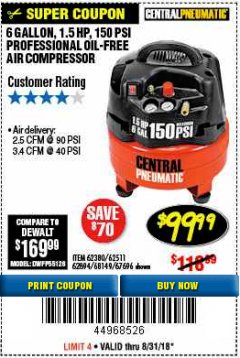 Harbor Freight Coupon 1.5 HP, 6 GALLON, 150 PSI PROFESSIONAL AIR COMPRESSOR Lot No. 62894/67696/62380/62511/68149 Expired: 8/31/18 - $99.99