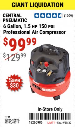 Harbor Freight Coupon 1.5 HP, 6 GALLON, 150 PSI PROFESSIONAL AIR COMPRESSOR Lot No. 62894/67696/62380/62511/68149 Expired: 9/30/20 - $99.99