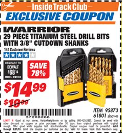 Harbor Freight ITC Coupon 29 PIECE TITANIUM M2 HIGH SPEED STEEL DRILL BITS WITH 3/8" CUTDOWN SHANKS Lot No. 61801 Expired: 8/31/19 - $14.99
