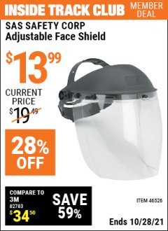 Harbor Freight ITC Coupon ADJUSTABLE FACE SHIELD Lot No. 46526 Expired: 10/28/21 - $13.99