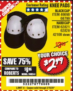 Harbor Freight Coupon BLACK CAP KNEE PADS Lot No. 60799/46698 Expired: 2/15/20 - $2.49