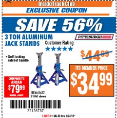 Harbor Freight ITC Coupon 3 TON ALUMINUM JACK STANDS Lot No. 91760/61627 Expired: 7/24/18 - $34.99