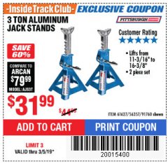 Harbor Freight ITC Coupon 3 TON ALUMINUM JACK STANDS Lot No. 91760/61627 Expired: 3/5/19 - $31.99