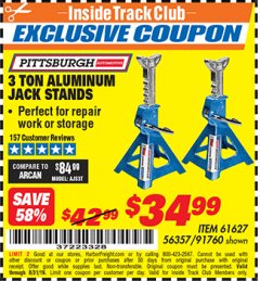 Harbor Freight ITC Coupon 3 TON ALUMINUM JACK STANDS Lot No. 91760/61627 Expired: 8/31/19 - $34.99
