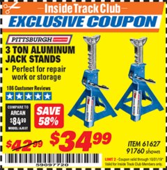 Harbor Freight ITC Coupon 3 TON ALUMINUM JACK STANDS Lot No. 91760/61627 Expired: 10/31/19 - $34.99