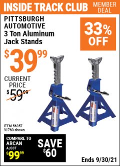 Harbor Freight ITC Coupon 3 TON ALUMINUM JACK STANDS Lot No. 91760/61627 Expired: 9/30/21 - $39.99