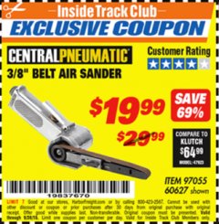 Harbor Freight ITC Coupon CENTRAL PNEUMATIC 3/8 IN. BELT AIR SANDER Lot No. 60627 Expired: 9/30/18 - $19.99