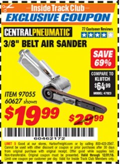 Harbor Freight ITC Coupon CENTRAL PNEUMATIC 3/8 IN. BELT AIR SANDER Lot No. 60627 Expired: 12/31/18 - $19.99