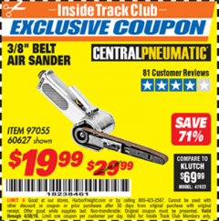 Harbor Freight ITC Coupon CENTRAL PNEUMATIC 3/8 IN. BELT AIR SANDER Lot No. 60627 Expired: 4/30/19 - $19.99