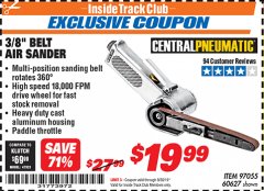 Harbor Freight ITC Coupon CENTRAL PNEUMATIC 3/8 IN. BELT AIR SANDER Lot No. 60627 Expired: 9/30/19 - $19.99