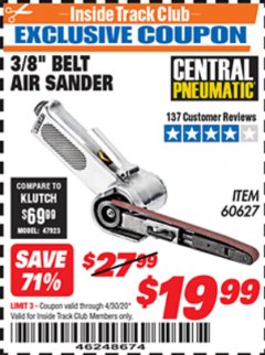 Harbor Freight ITC Coupon CENTRAL PNEUMATIC 3/8 IN. BELT AIR SANDER Lot No. 60627 Expired: 4/30/20 - $19.99