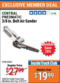 Harbor Freight ITC Coupon CENTRAL PNEUMATIC 3/8 IN. BELT AIR SANDER Lot No. 60627 Expired: 2/25/21 - $19.99