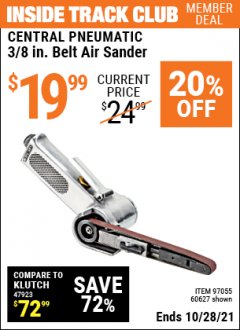 Harbor Freight ITC Coupon CENTRAL PNEUMATIC 3/8 IN. BELT AIR SANDER Lot No. 60627 Expired: 10/28/21 - $19.99