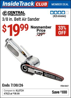 Harbor Freight ITC Coupon CENTRAL PNEUMATIC 3/8 IN. BELT AIR SANDER Lot No. 60627 Valid Thru: 7/30/26 - $19.99