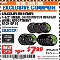 Harbor Freight ITC Coupon WARRIOR 4-1/2 IN. METAL GRINDING/CUT OFF/FLAP WHEEL ASSORTED SET, 10-PIECE Lot No. 47572 Expired: 6/30/20 - $7.99