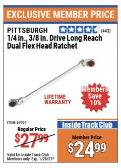 Harbor Freight ITC Coupon 1/4" AND 3/8" DRIVE LONG REACH DUAL FLEX HEAD RATCHET Lot No. 67994 Expired: 1/28/21 - $24.99