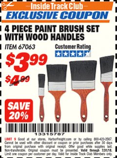 Harbor Freight ITC Coupon 4 PIECE PAINT BRUSH SET WITH WOOD HANDLES Lot No. 67063 Expired: 7/31/18 - $3.99