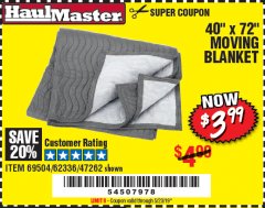 Harbor Freight Coupon 40" x 72" MOVER'S BLANKET Lot No. 47262/69504/62336 Expired: 5/23/19 - $3.99