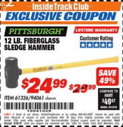 Harbor Freight ITC Coupon 12 LB FIBERGLASS SLEDGE HAMMER Lot No. 61326/94061 Expired: 9/30/18 - $24.99