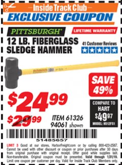 Harbor Freight ITC Coupon 12 LB FIBERGLASS SLEDGE HAMMER Lot No. 61326/94061 Expired: 1/31/19 - $24.99