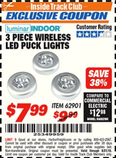 Harbor Freight ITC Coupon 3 PIECE WIRELESS LED PUCK LIGHTS Lot No. 98372 Expired: 8/31/18 - $7.99