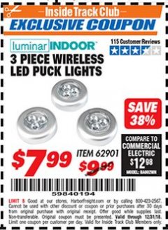 Harbor Freight ITC Coupon 3 PIECE WIRELESS LED PUCK LIGHTS Lot No. 98372 Expired: 12/31/18 - $7.99