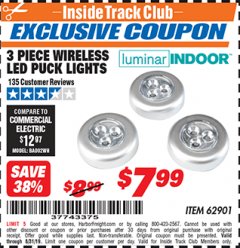 Harbor Freight ITC Coupon 3 PIECE WIRELESS LED PUCK LIGHTS Lot No. 98372 Expired: 8/31/19 - $7.99
