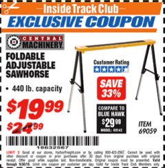 Harbor Freight ITC Coupon FOLDABLE ADJUSTABLE SAWHORSE Lot No. 69059 Expired: 9/30/18 - $19.99