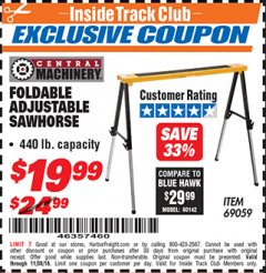 Harbor Freight ITC Coupon FOLDABLE ADJUSTABLE SAWHORSE Lot No. 69059 Expired: 11/30/18 - $19.99