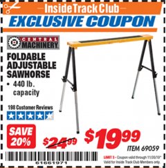 Harbor Freight ITC Coupon FOLDABLE ADJUSTABLE SAWHORSE Lot No. 69059 Expired: 11/30/19 - $19.99
