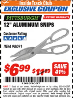 Harbor Freight ITC Coupon 12" ALUMINUM SNIPS Lot No. 98091 Expired: 9/30/18 - $6.99