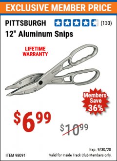Harbor Freight ITC Coupon 12" ALUMINUM SNIPS Lot No. 98091 Expired: 9/30/20 - $6.99