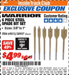 Harbor Freight ITC Coupon 6 PIECE STEEL SPADE BIT SET Lot No. 69015/38957 Expired: 9/30/18 - $4.99