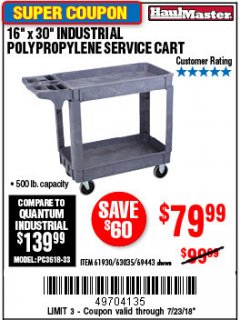 Harbor Freight Coupon 16" x 30" TWO SHELF INDUSTRIAL POLYPROPYLENE SERVICE CART Lot No. 61930/92865/69443 Expired: 7/23/18 - $79.99