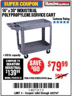 Harbor Freight Coupon 16" x 30" TWO SHELF INDUSTRIAL POLYPROPYLENE SERVICE CART Lot No. 61930/92865/69443 Expired: 8/27/18 - $79.99