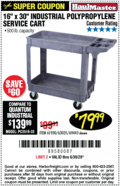 Harbor Freight Coupon 16" x 30" TWO SHELF INDUSTRIAL POLYPROPYLENE SERVICE CART Lot No. 61930/92865/69443 Expired: 6/30/20 - $79.99