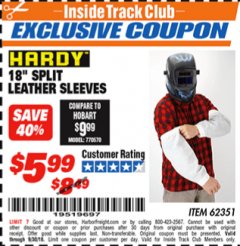 Harbor Freight ITC Coupon HARDY 18 IN. SPLIT LEATHER SLEEVES Lot No. 62351 Expired: 9/30/18 - $5.99