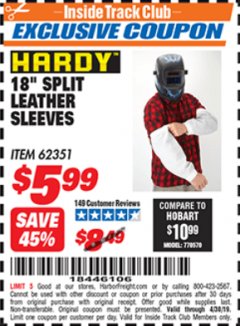 Harbor Freight ITC Coupon HARDY 18 IN. SPLIT LEATHER SLEEVES Lot No. 62351 Expired: 4/30/19 - $5.99