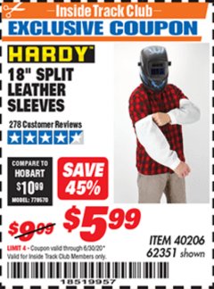Harbor Freight ITC Coupon HARDY 18 IN. SPLIT LEATHER SLEEVES Lot No. 62351 Expired: 6/30/20 - $5.99