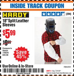 Harbor Freight ITC Coupon HARDY 18 IN. SPLIT LEATHER SLEEVES Lot No. 62351 Expired: 7/31/20 - $5.99