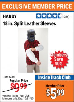 Harbor Freight ITC Coupon HARDY 18 IN. SPLIT LEATHER SLEEVES Lot No. 62351 Expired: 10/3/20 - $5.99