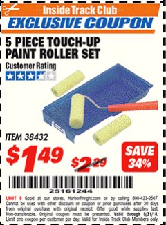 Harbor Freight ITC Coupon 5 PIECE TOUCH-UP PAINT ROLLER SET Lot No. 38432 Expired: 8/31/18 - $1.49