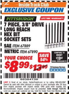 Harbor Freight ITC Coupon 7 PIECE, 3/8" DRIVE LONG REACH HEX BIT SOCKET SETS Lot No. 67889/67890 Expired: 12/31/18 - $8.99