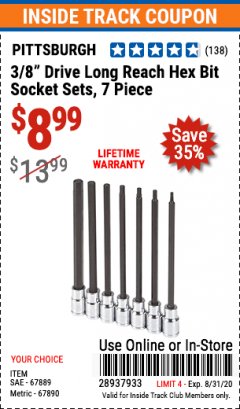 Harbor Freight ITC Coupon 7 PIECE, 3/8" DRIVE LONG REACH HEX BIT SOCKET SETS Lot No. 67889/67890 Expired: 8/31/20 - $8.99