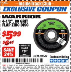 Harbor Freight ITC Coupon 4-1/2" FLAP ZIRC DISCS Lot No. 60797/60749 Expired: 9/30/18 - $5.99